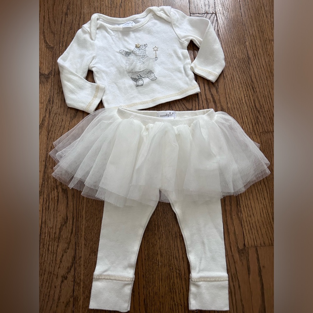 Mud Pie ballerina bear tutu skirted leggings white baby girl outfit, Size: 0-3 m